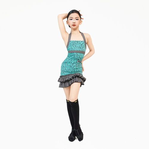 FZS DANCE L331夏季新款拉丁舞女斑马纹挂脖荷叶边练功服 灰绿