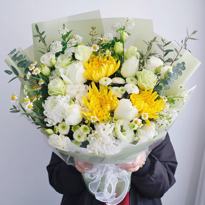 全国清明节花束北京天津上海同城配送店缅怀纪念告别黄白菊花束