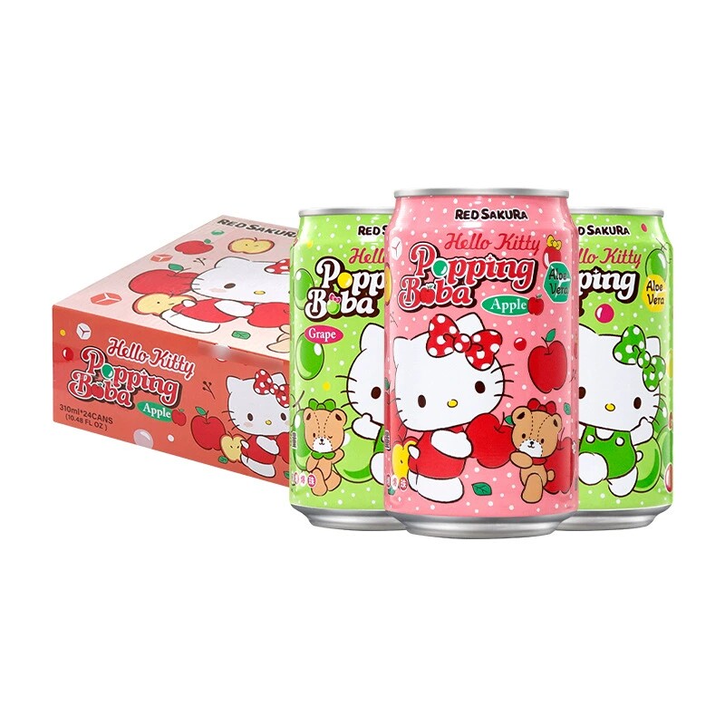 台湾进口红樱花HelloKitty三丽鸥联名爆珠苹果芦荟味果味饮料整箱