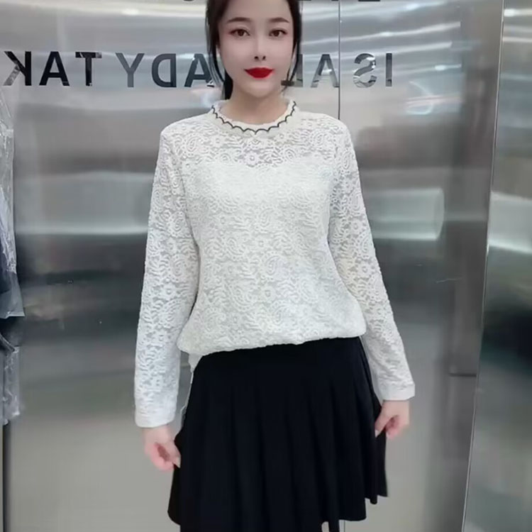 甜美蕾丝打底衫胖妹大码女2023冬季新款木耳圆领长袖修身弹力上衣
