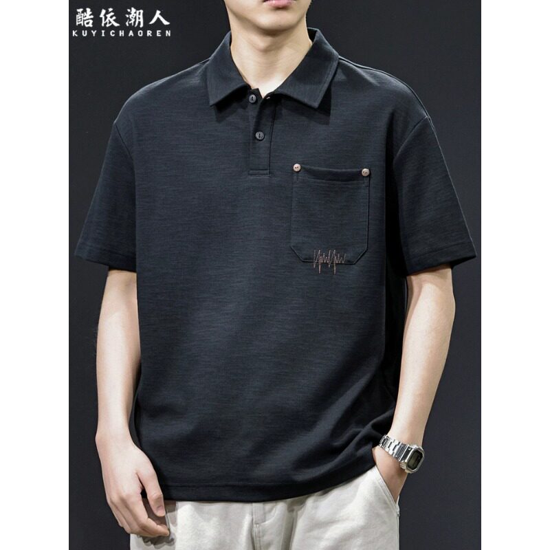 夏季26新款透气翻领POLO衫男士短袖T恤口袋刺绣极简休闲上衣大码