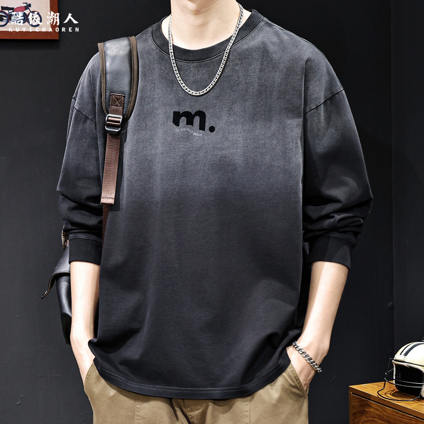 美式潮牌怀旧渐变纯棉长袖T恤男长袖2026新款春秋季宽松大码高端