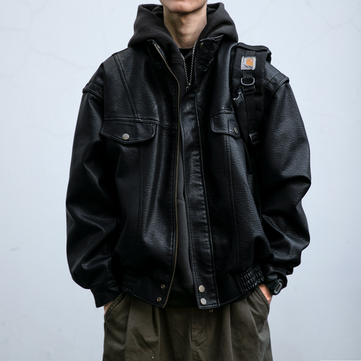 美式复古荔枝纹皮衣外套男