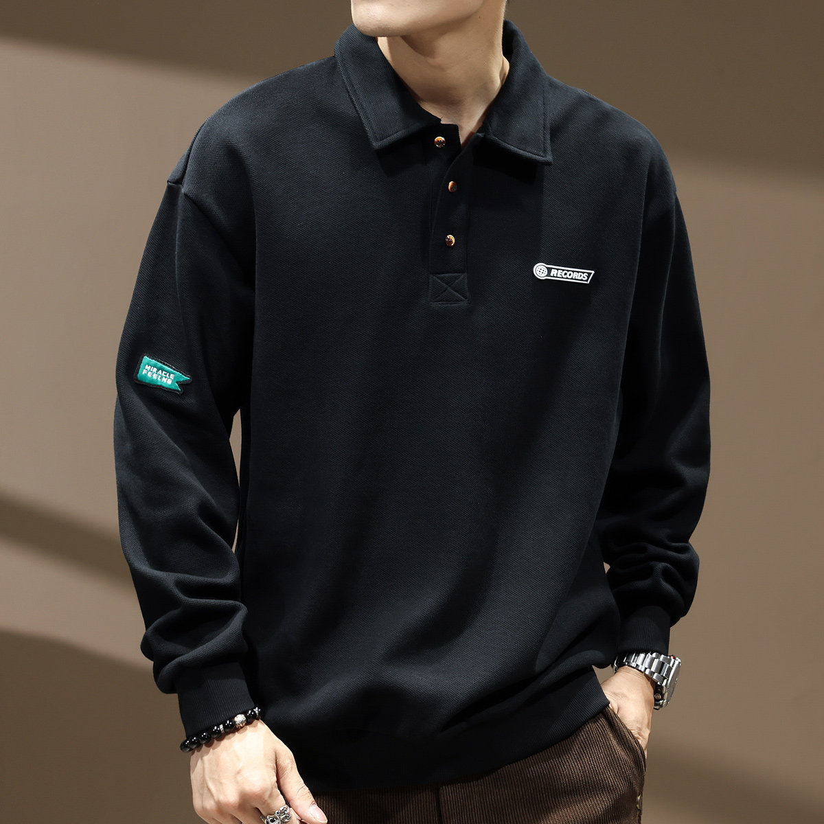 高端重磅纯棉长袖Polo衫男士秋季加绒美式复古宽松运动翻领卫衣男