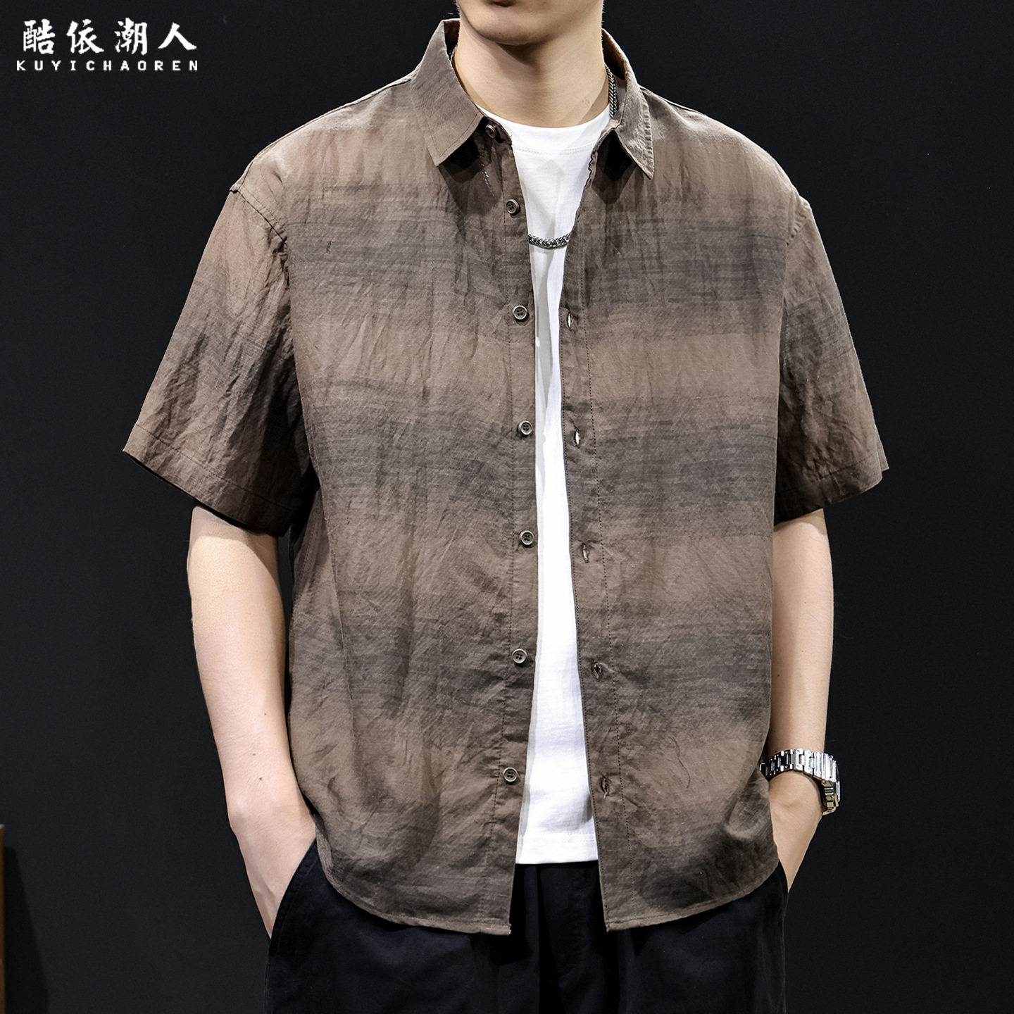 复古冰丝亚麻透气轻薄短袖衬衫男士夏季宽松大码休闲户外开衫衬衣
