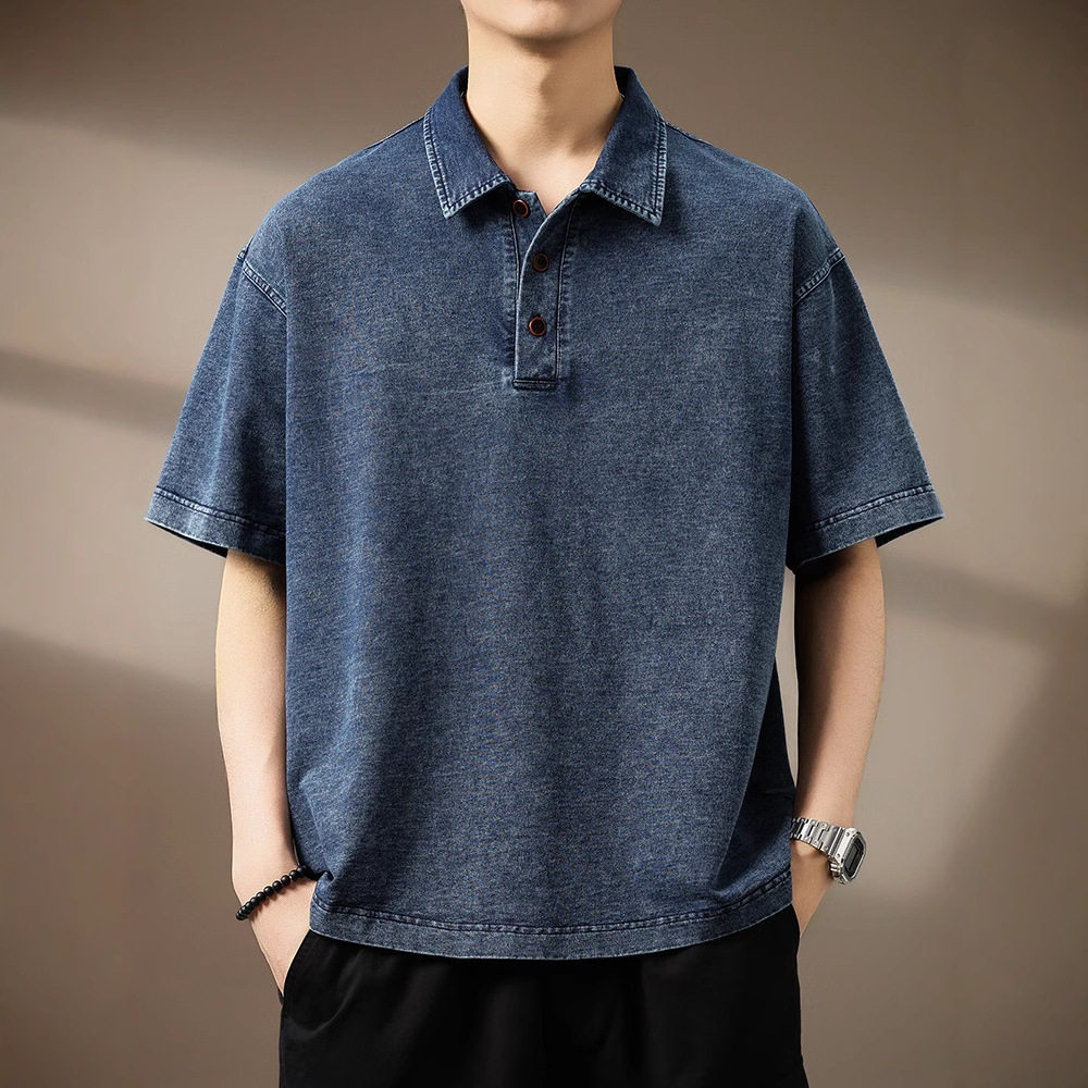 高端美式复古短袖牛仔Polo衫男夏季潮牌宽松大码透气休闲五分T恤