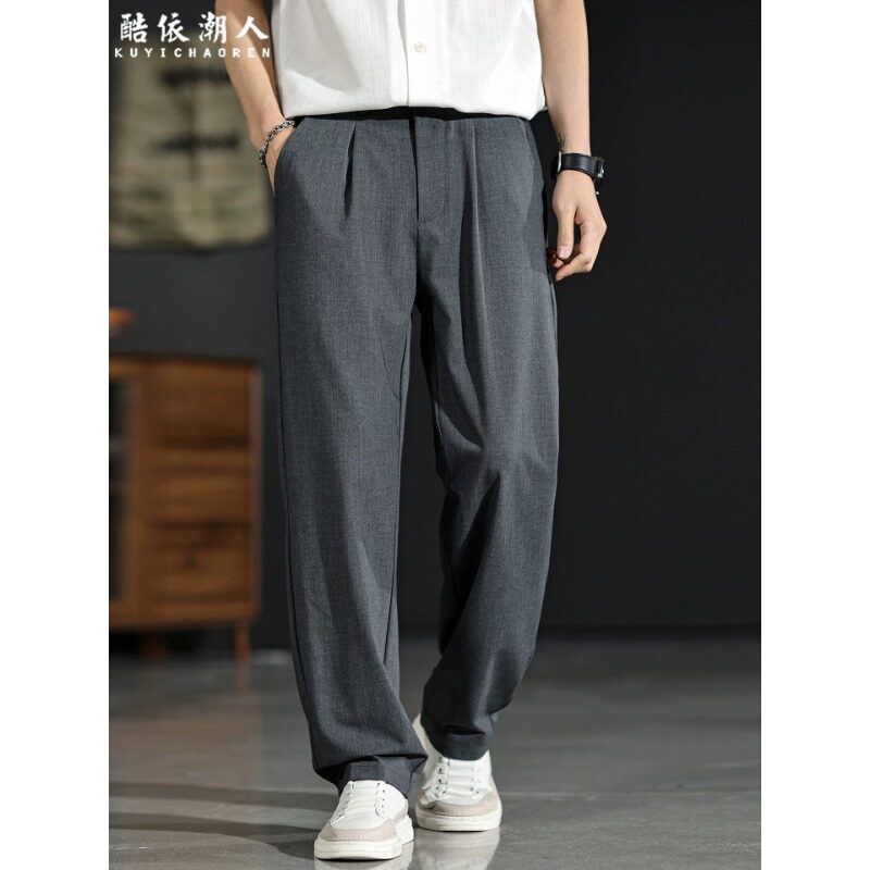 高级羊毛莱赛尔轻奢老钱风直筒休闲裤男新款春夏季宽松垂感西裤子