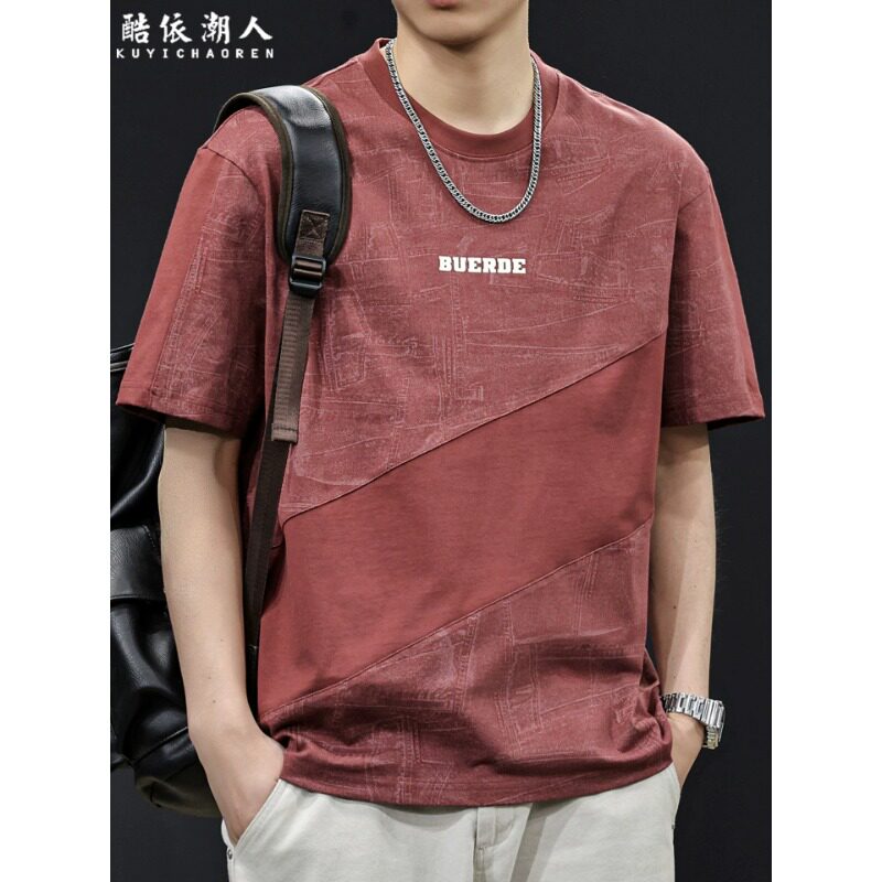 美式复古扎染拼接短袖T恤男士