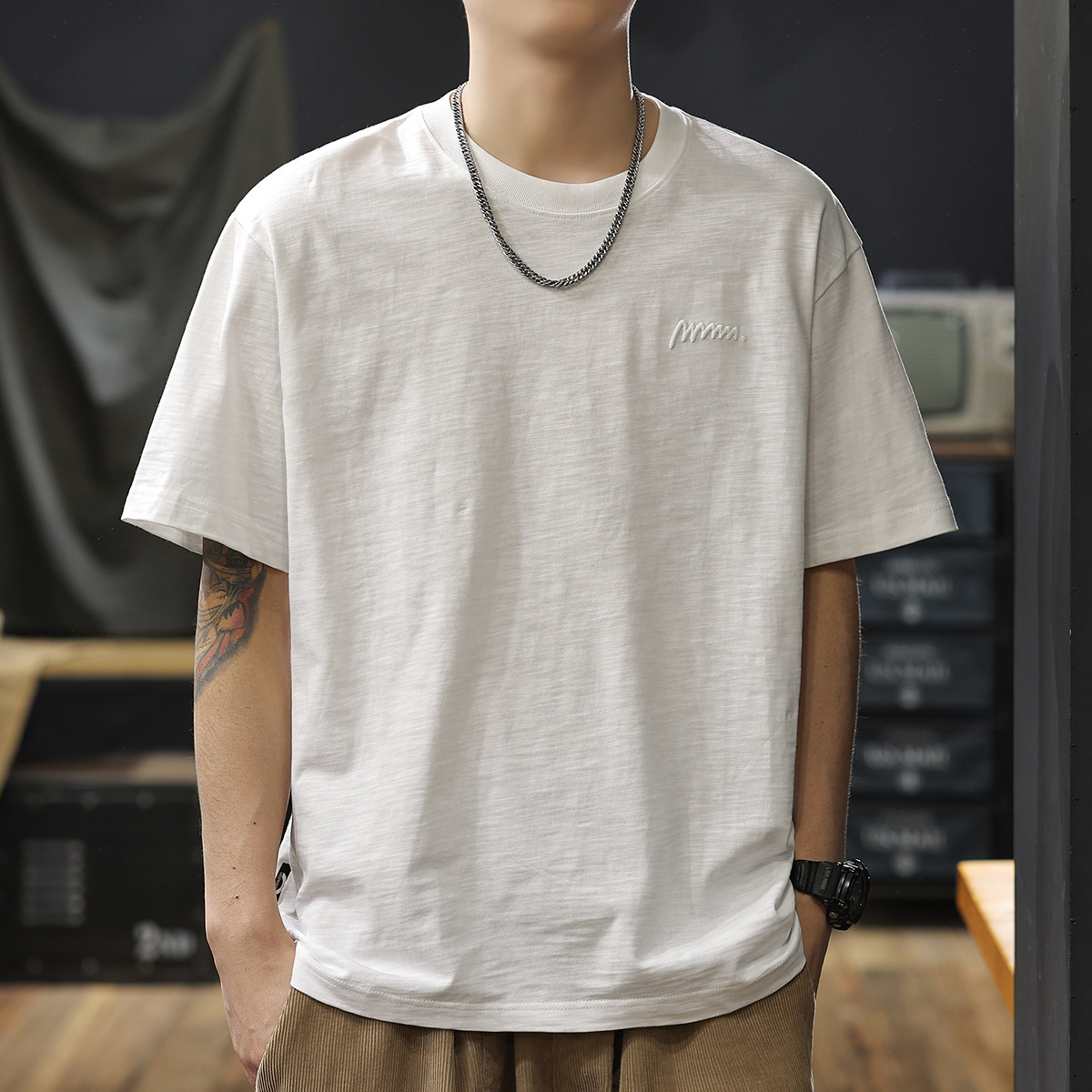 夏季重磅竹节棉短袖T恤男2026新款清爽透气白色半袖衫男士衣服潮t