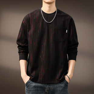 高端提花肌理感潮牌长袖T恤男秋季肌理感内搭美式复古重磅打底衫