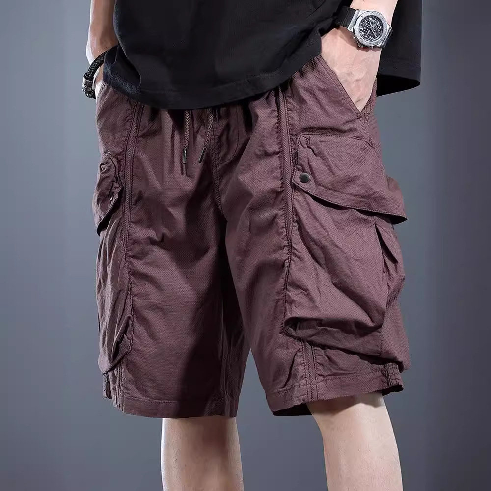 BROWN CASUAL SHORTS MENS SUMMER TRENDY CARGO CLOTHES FIVE-POINT PANTS MULTI-POCKET MEDIUM PANTS LOOSE SPORTS WEAR LARGE PANTS