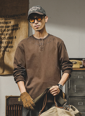 杰雷诺330g重磅t恤男长袖美式复古上衣宽松纯棉古着亨利衫男秋季