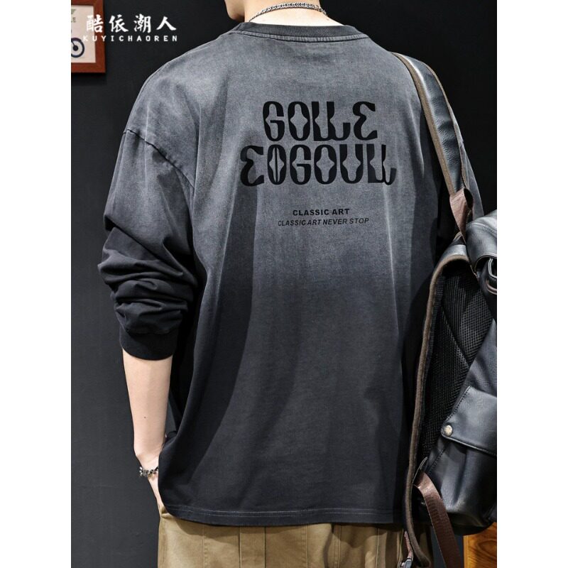 高端美式潮牌怀旧渐变纯棉长袖T恤男长袖2026春秋季新款宽松大码