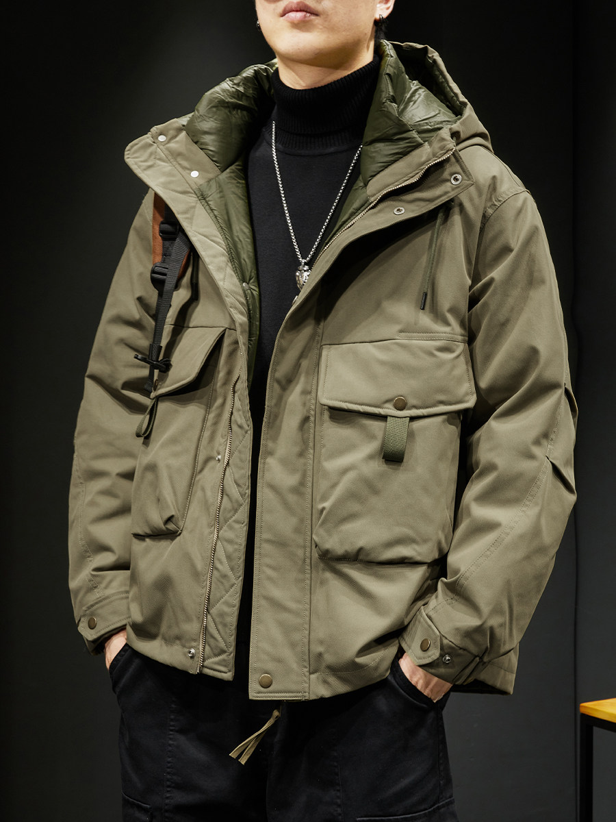 日系连帽休闲短款工装羽绒服
