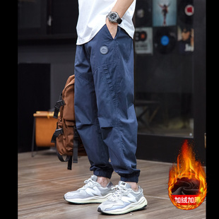 男士 裤 宽松潮牌纯棉拼接运动束脚裤 加绒工装 秋冬季 日系复古休闲裤