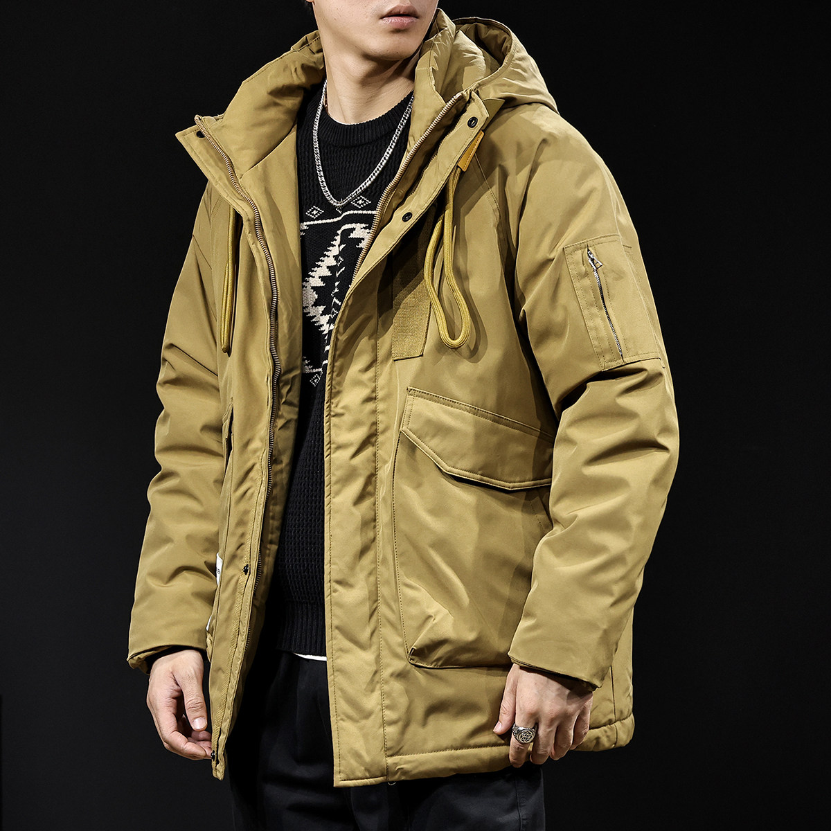 美式连帽中长款工装大码羽绒服