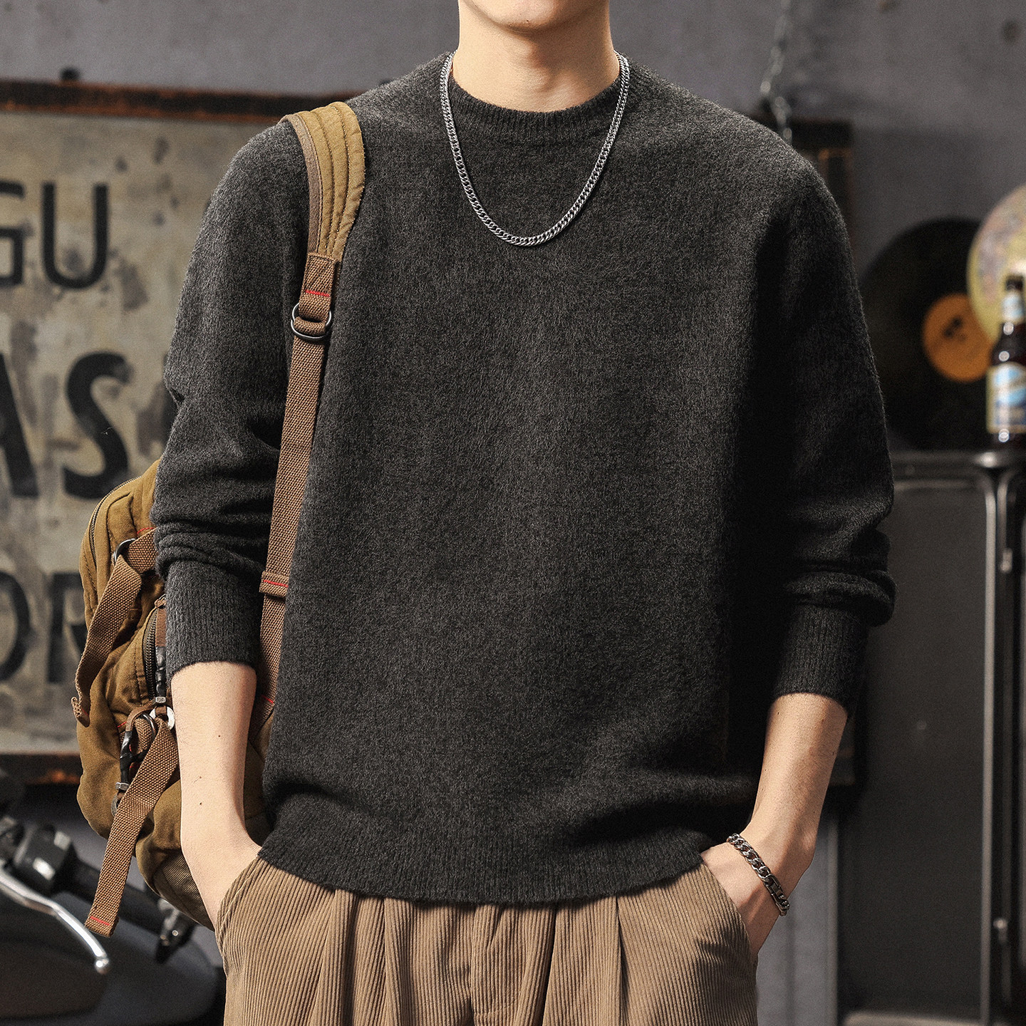 复古慵懒羊毛衫男士冬季高端潮牌保暖针织毛衣内搭宽松圆领针织衫,男装,针织衫/毛衣,淘宝优惠券,粉丝福利购,淘宝优惠卷