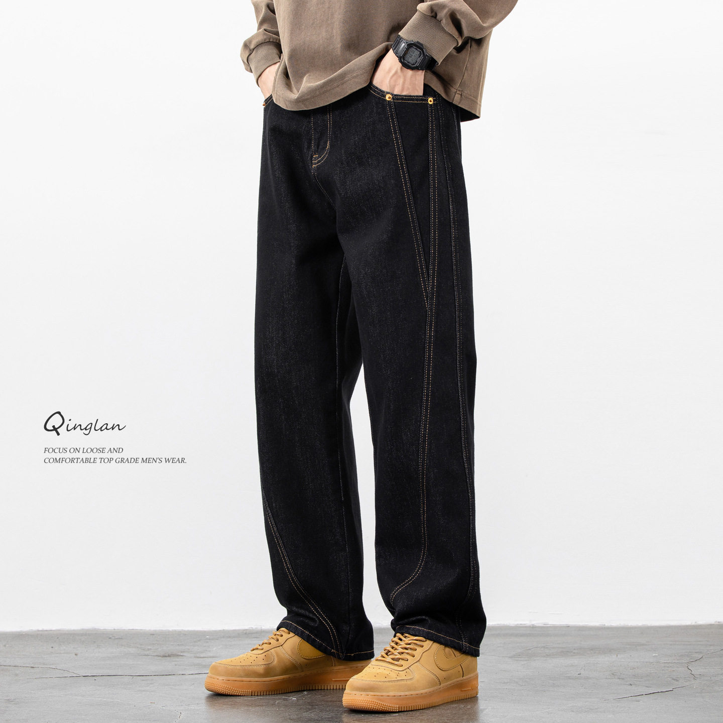 轻澜黑色牛仔裤男直筒宽松休闲大码阔腿裤子加绒加厚2025新款秋冬,男装,牛仔裤,淘宝优惠券,粉丝福利购,淘宝优惠卷