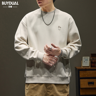 380g重磅圆领卫衣男士潮牌趣味刺绣无帽衫秋季宽松休闲长袖上衣男