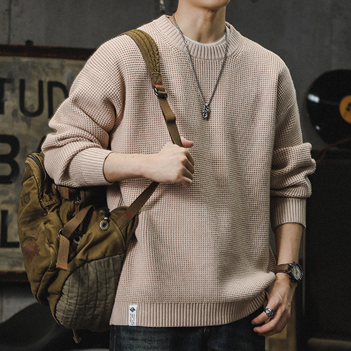 慵懒风提花毛衣男士秋冬新款美式复古保暖圆领套头宽松休闲针织衫