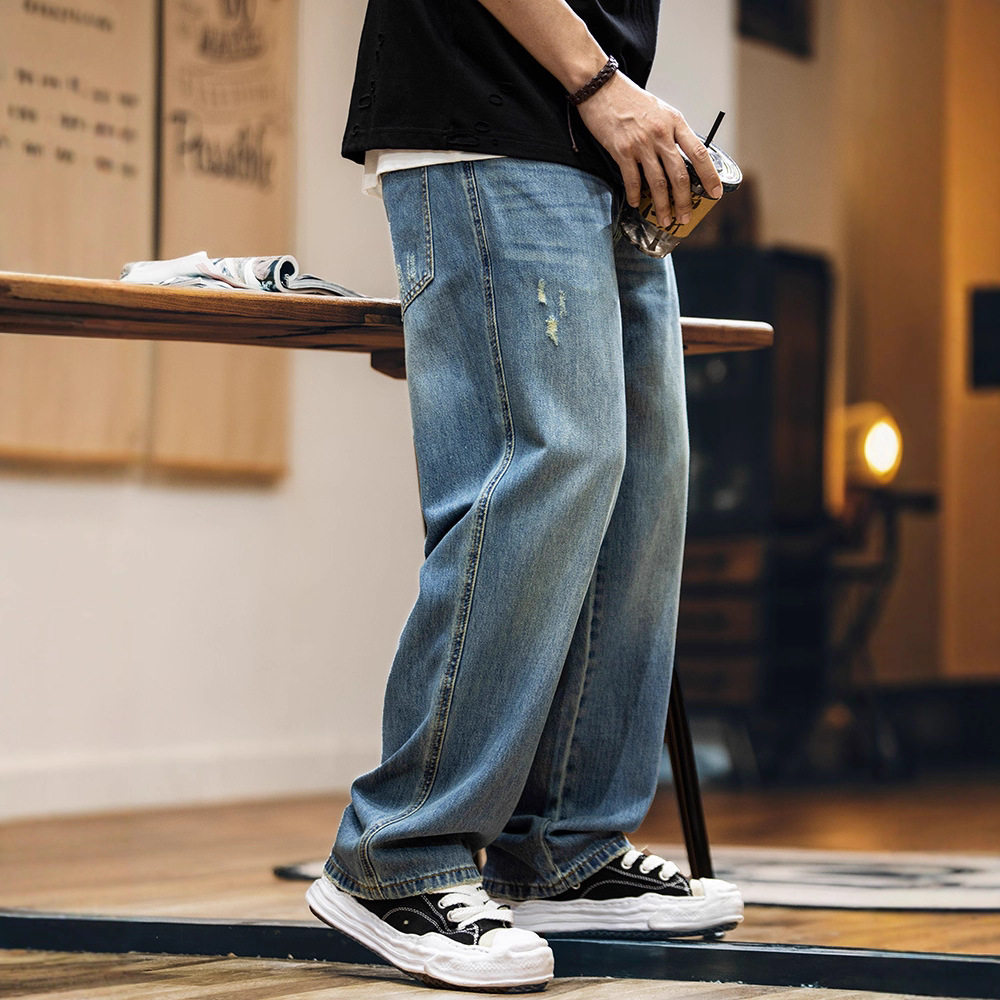 莱赛尔薄款直筒牛仔裤男款夏季2026新款复古水洗刮烂裤子男士长裤