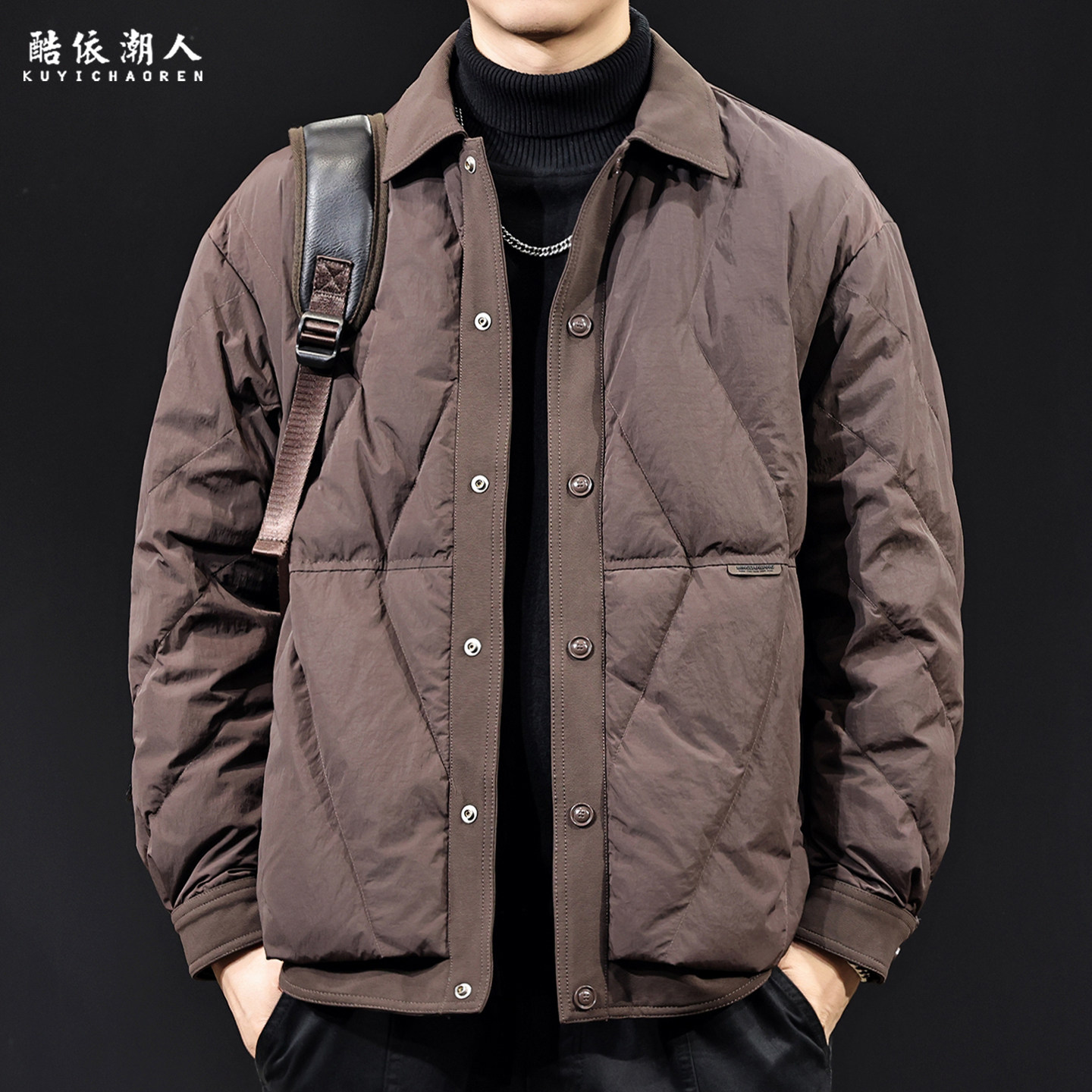 2025新款羽绒服男士外套秋冬潮牌翻领拼接轻薄白鸭绒美式复古大码