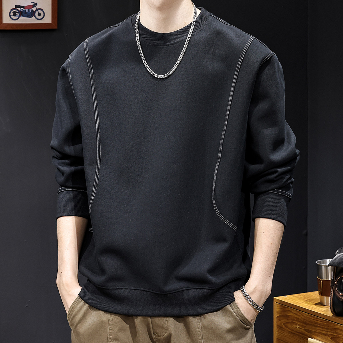 潮牌拼接加绒卫衣男春秋款圆领衣服春季2026新款男士长袖宽松大码