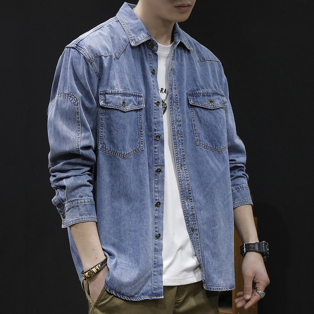 春季美式衬衣男款2026新款外套男士休闲春秋上衣长袖牛仔衬衫男