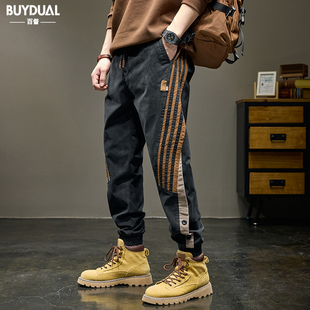美式条纹拼接休闲裤男潮牌工装裤秋冬季加绒加厚宽松弹力束脚长裤