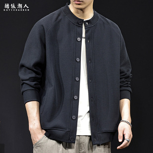 重磅单排开衫卫衣男外套2025新款春秋潮牌宽松大码休闲立领华夫格