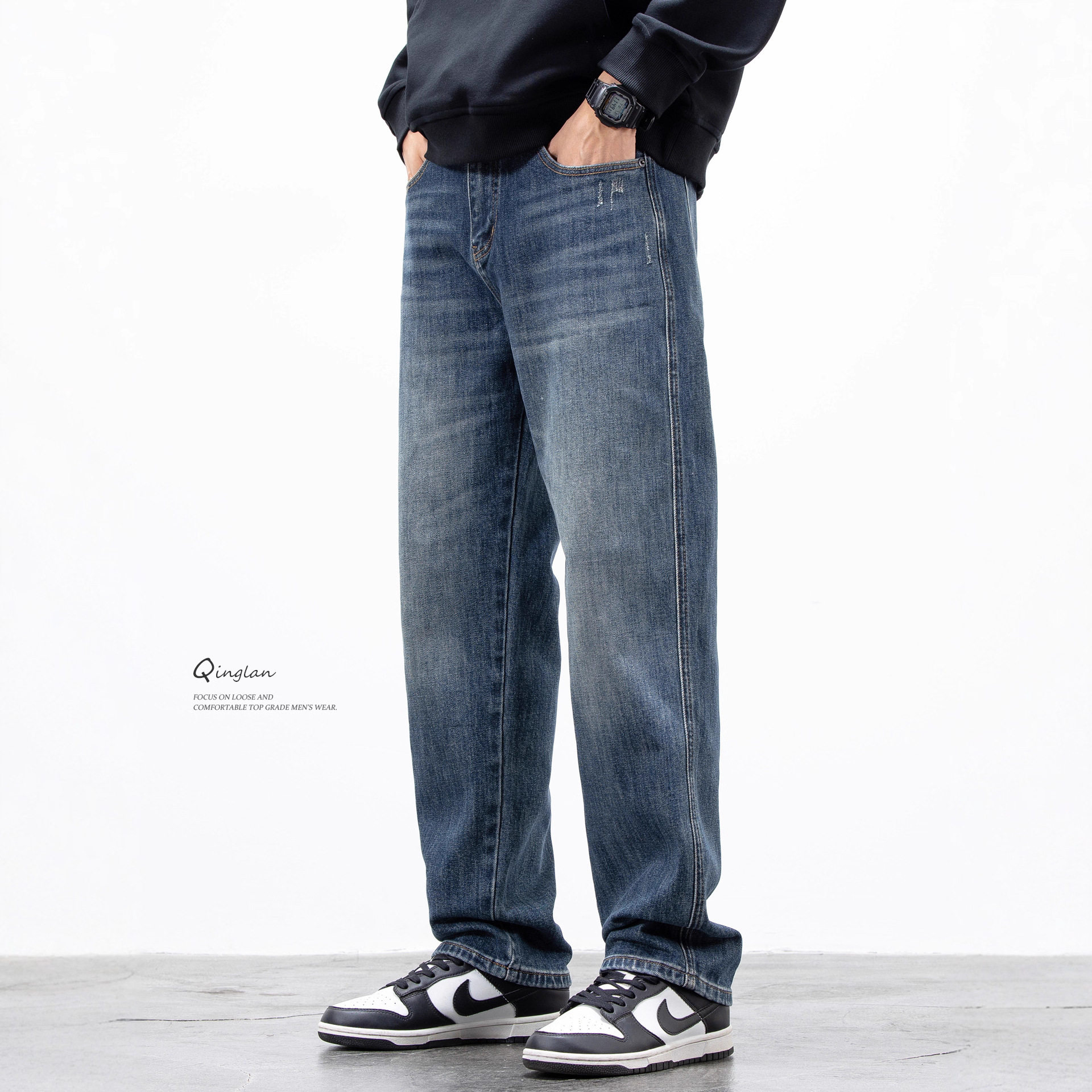 轻澜高端弹力牛仔裤男直筒宽松潮流休闲大码加绒加厚裤子秋冬新款