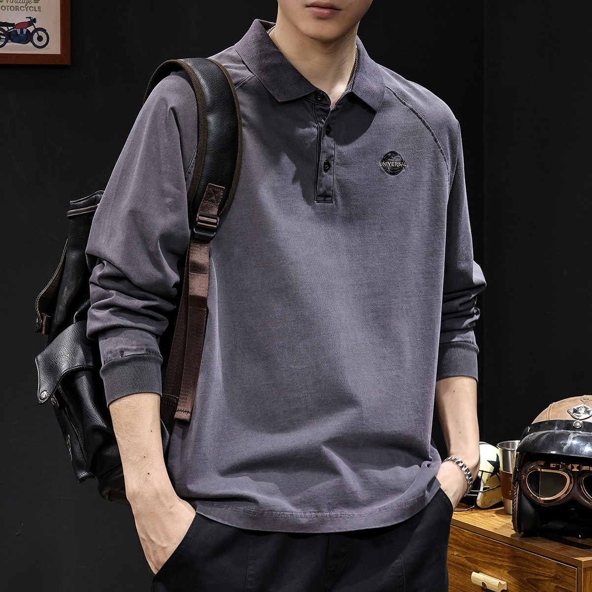 美式水洗潮牌POLO衫长袖t恤男2024新款秋季男士圆领衣服春秋大码