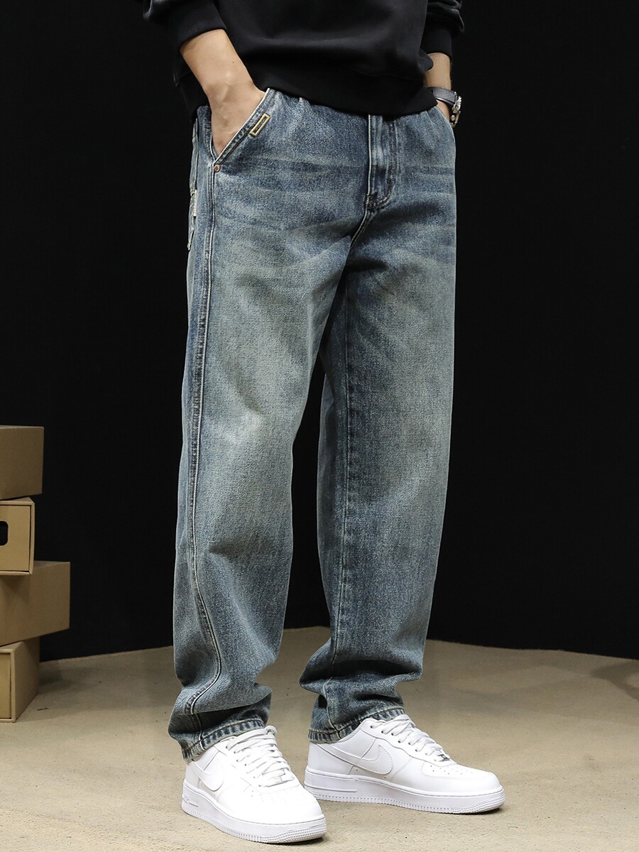 潮牌直筒牛仔裤男春秋2026新款宽松大码男士长裤锥形高端春季裤子