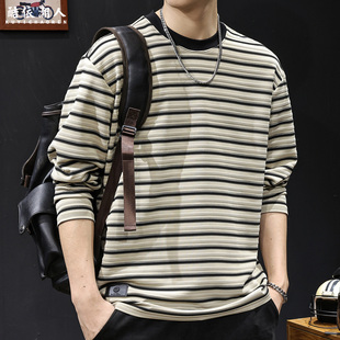 美式复古条纹长袖t恤男士春秋款百搭宽松圆领打底衫2025秋季新款