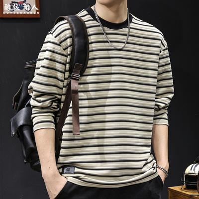 美式复古条纹长袖t恤男士