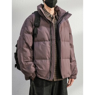高充90白鸭绒蓬松感紫色羽绒服男士短款冬季保暖加绒立领外套男装