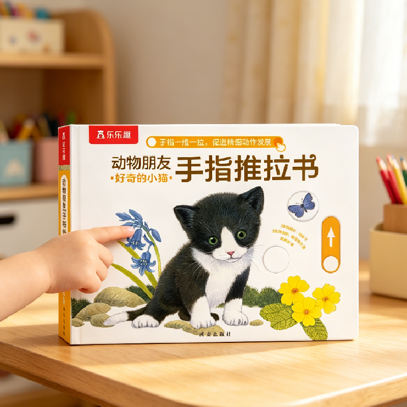 手指推拉机关书乐乐趣动物朋友好奇的小猫0-3岁儿童绘本宝宝启蒙幼儿早教亲子互动翻翻书洞洞机关书触摸书绘本1-3岁婴儿益智玩具