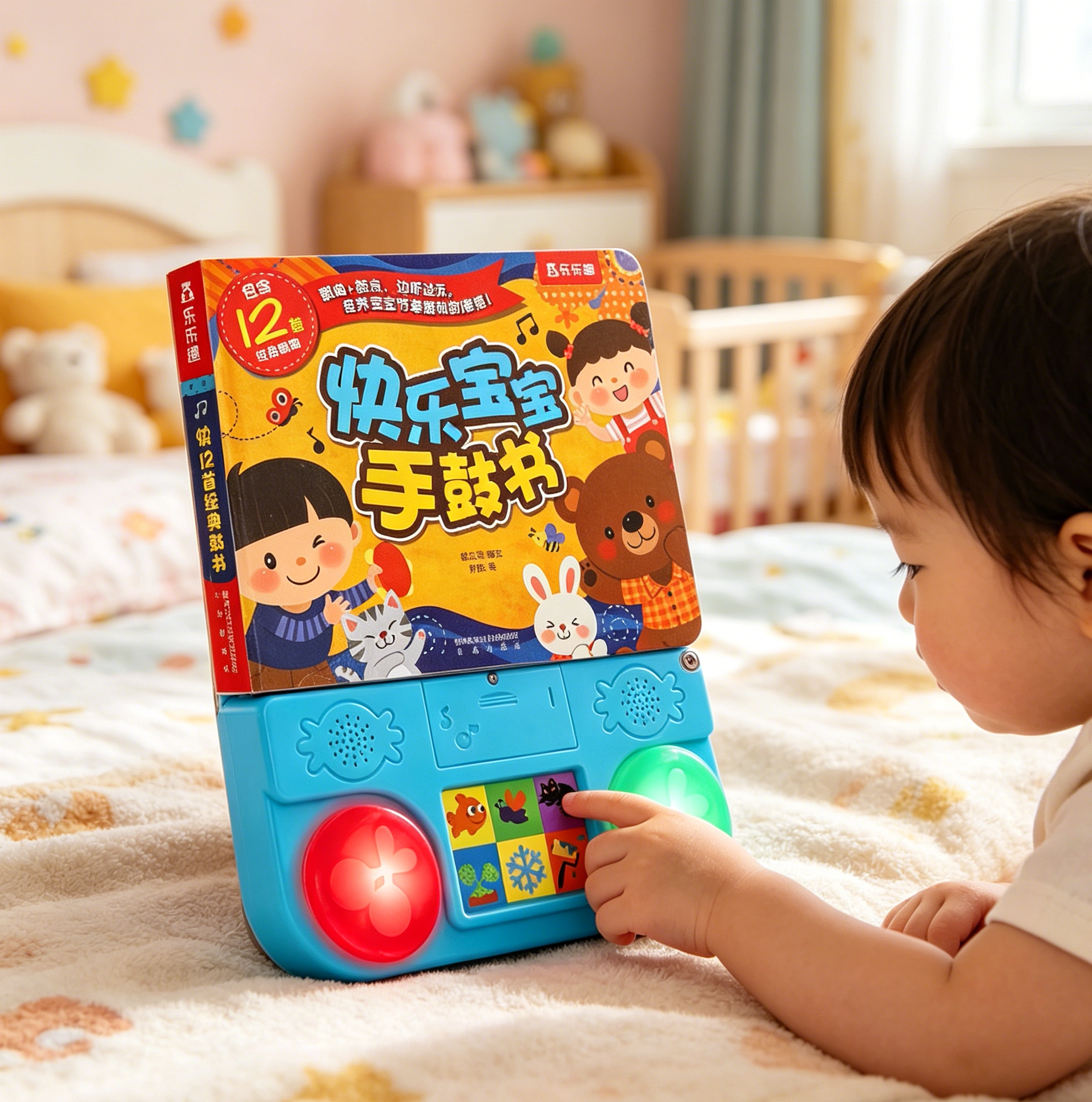 乐乐趣 发声书手鼓书宝宝0-3岁点读儿童歌谣益智玩具儿童智力开发有声书童谣绘本快乐宝宝手鼓婴幼儿早教蒙氏教具启蒙互动书籍