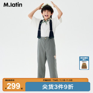 新款 子2024秋装 马拉丁儿童裤 男童大童黑色格纹背带裤 商场同款