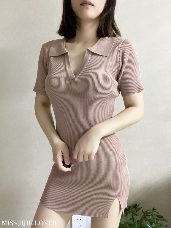 清仓亏本不退不换翻领针织V领下开衩修身性感短袖连衣裙
