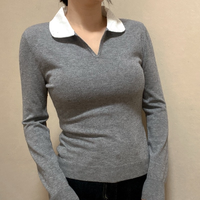 miss jijie lover/韩系学院假两件polo领针织衫内搭打底衫修身