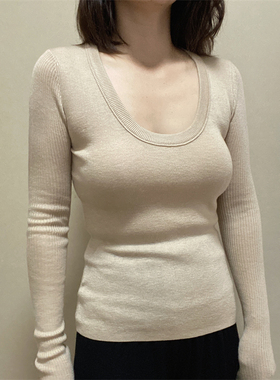 miss jijie lover纯色大U领修身显瘦秋冬内搭针织毛衣上衣打底衫