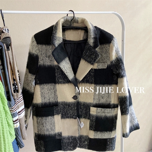 加厚毛呢长毛外套大衣 lover黑杏格子西装 亏本清仓miss jijie