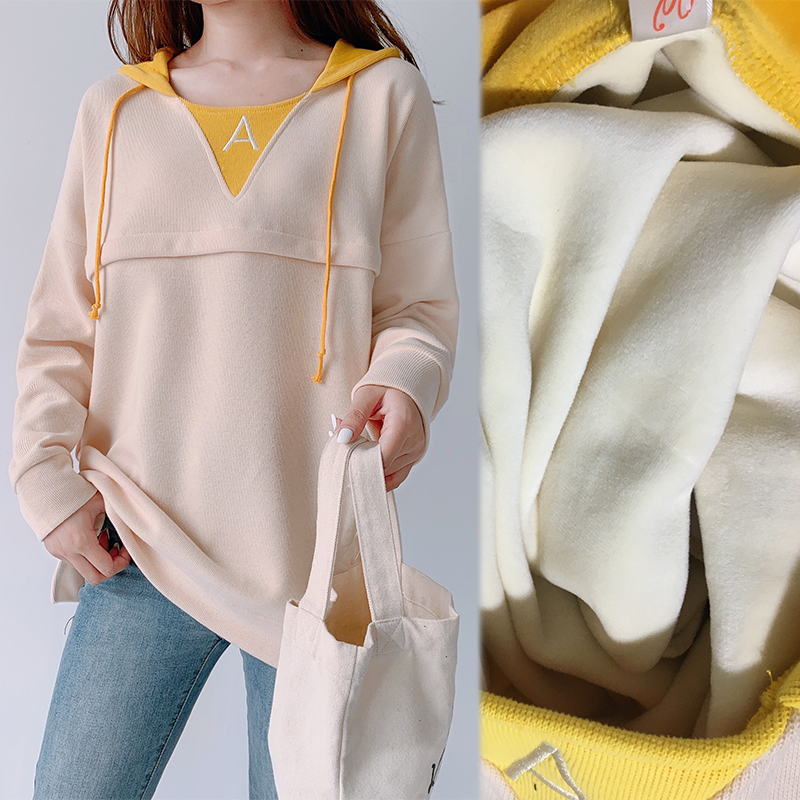 哺乳衣外出辣妈款秋冬装喂奶服外穿加绒加厚卫衣时尚大码打底上衣