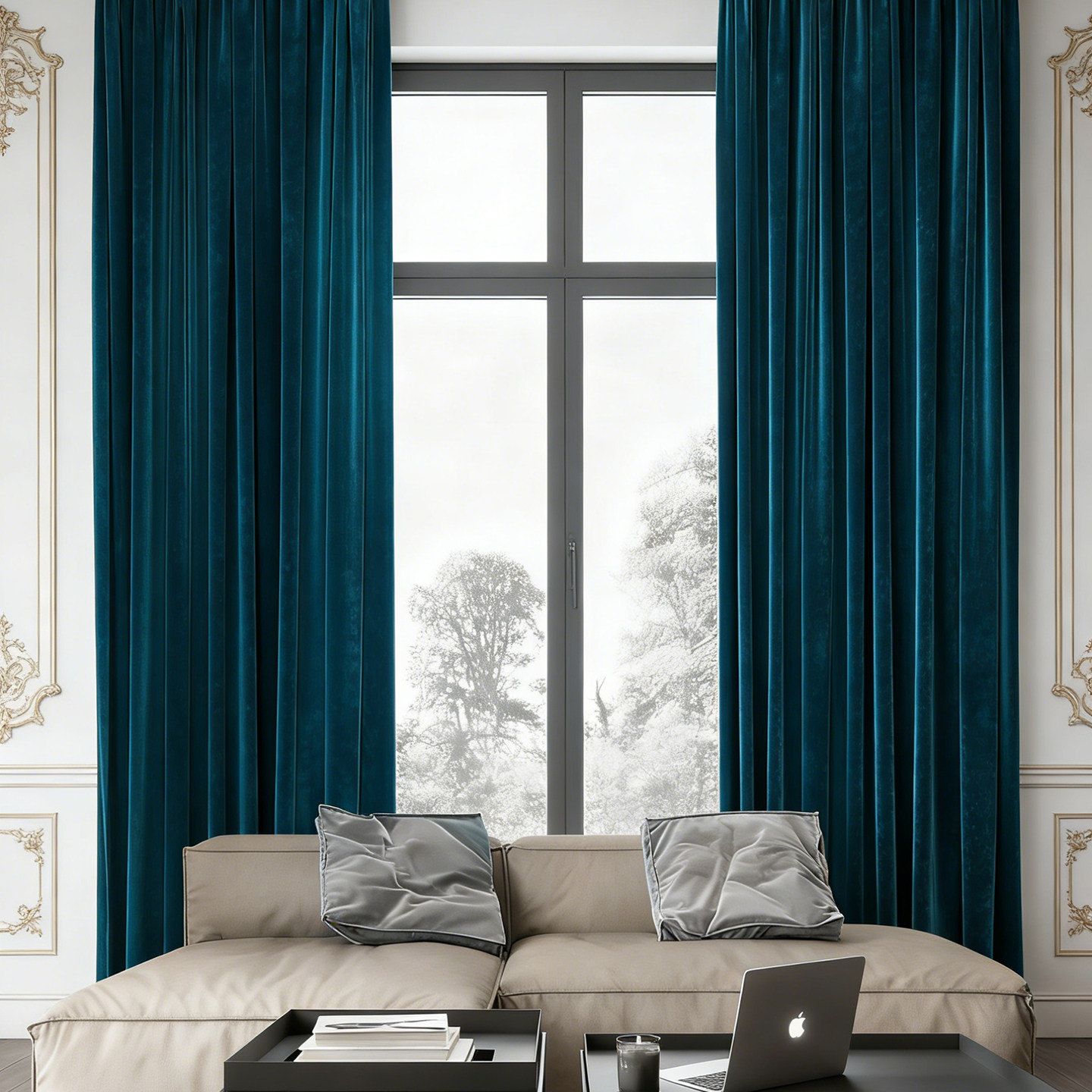 北欧轻奢金丝亮面丝绒窗帘孔雀蓝高端客厅遮光纯色高遮光定制窗帘