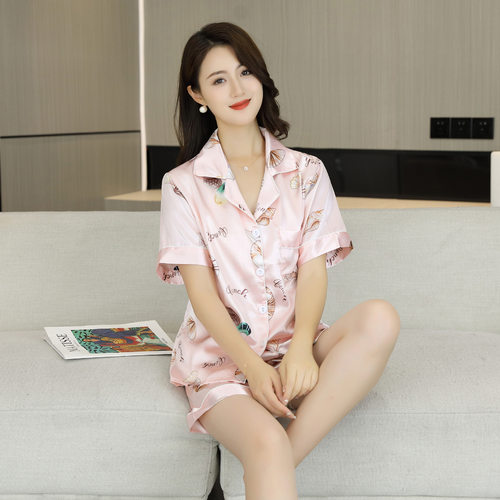 仿真丝睡衣女夏季短袖短裤两件套轻奢女士睡衣大码款可外穿家居服