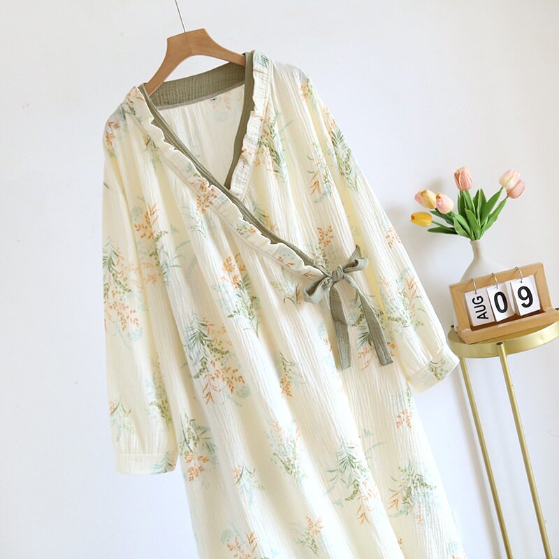 夏季纯棉纱布薄款日式和服浴衣女中长款睡袍开衫系带花边公主碎花