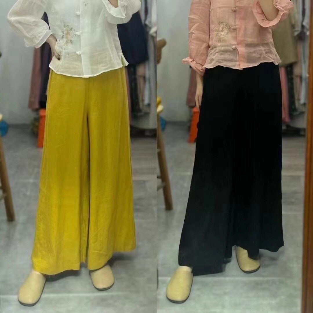 2689大吉春款中式百搭糖果色松紧腰亚麻阔腿裤休闲裤长裤国风复古