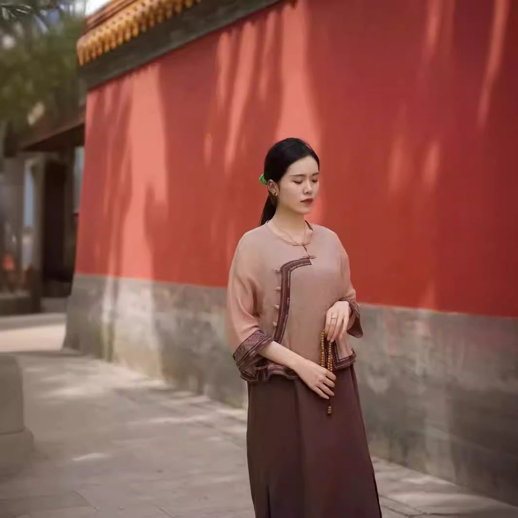 3078大吉春夏女衬衣衬衫中袖中式亚麻绣花茶服上衣小衫背心套裙