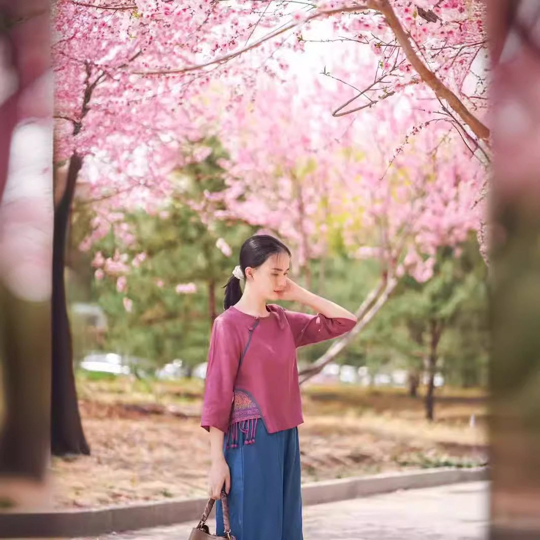 2598大吉新款春夏装女衬衣衬衫中袖中式亚麻上衣茶服绣花宽松小衫